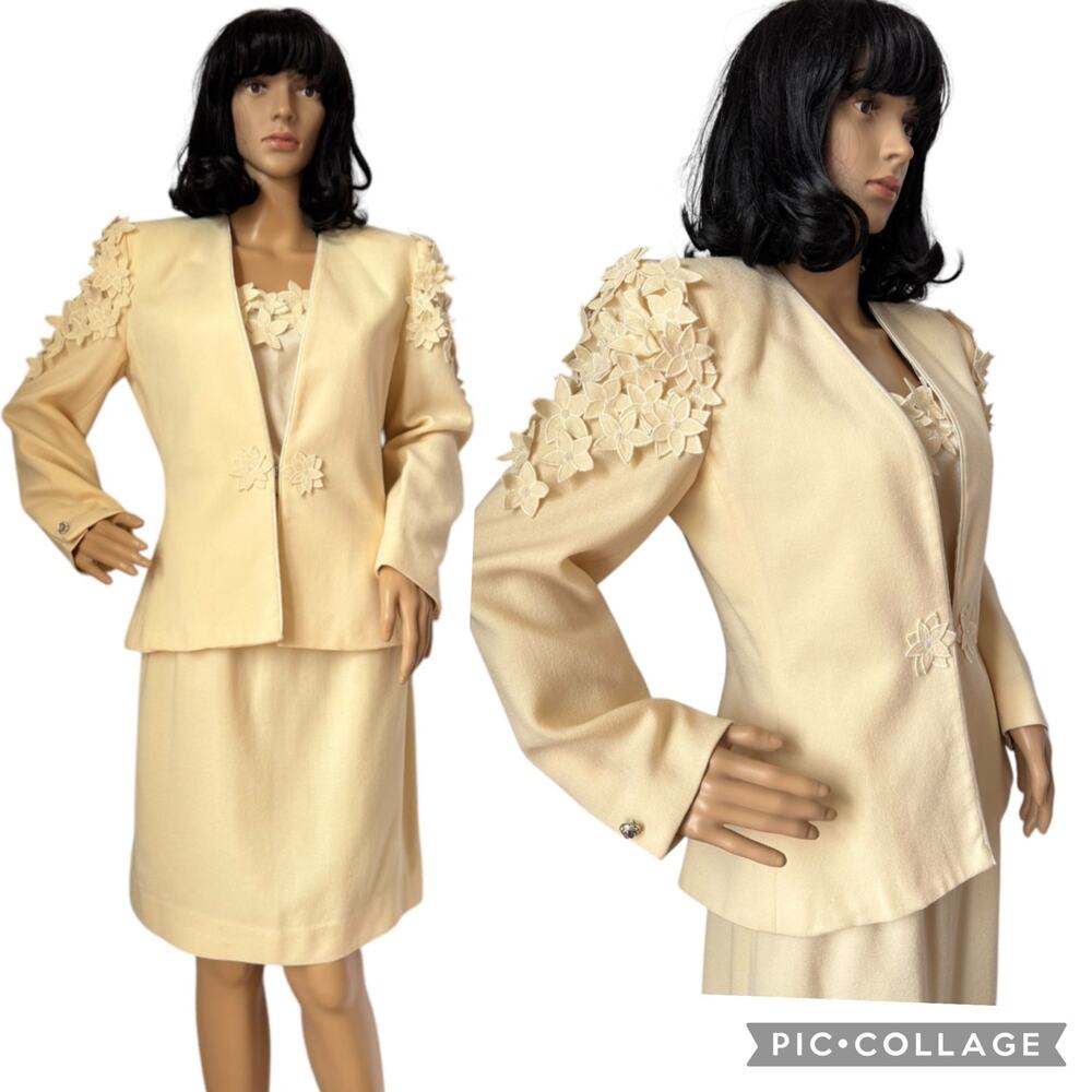 Vintage NOLAN MILLER Cream Yellow Beaded 3 D Flower 3 piece skirt suit 6